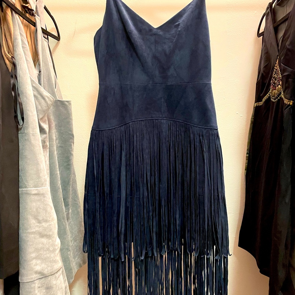 BCBGMAXAZARIA NAVY BLUE size 0 fringe dress. Suede-like material.